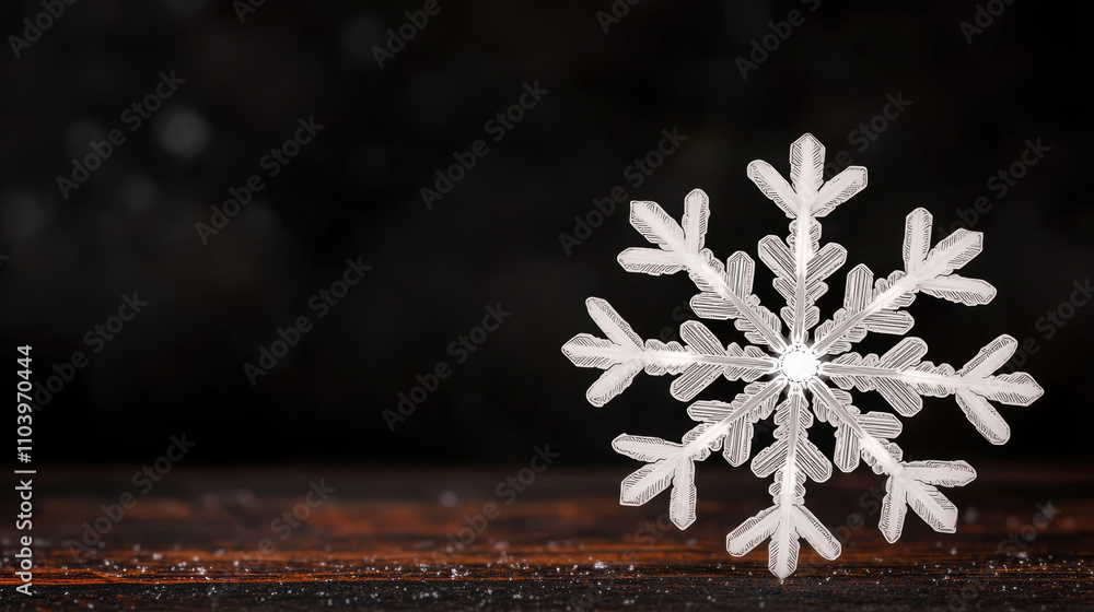 Poster a delicate snowflake rests on a wooden surface, showcasing intricate patterns against a dark backgro