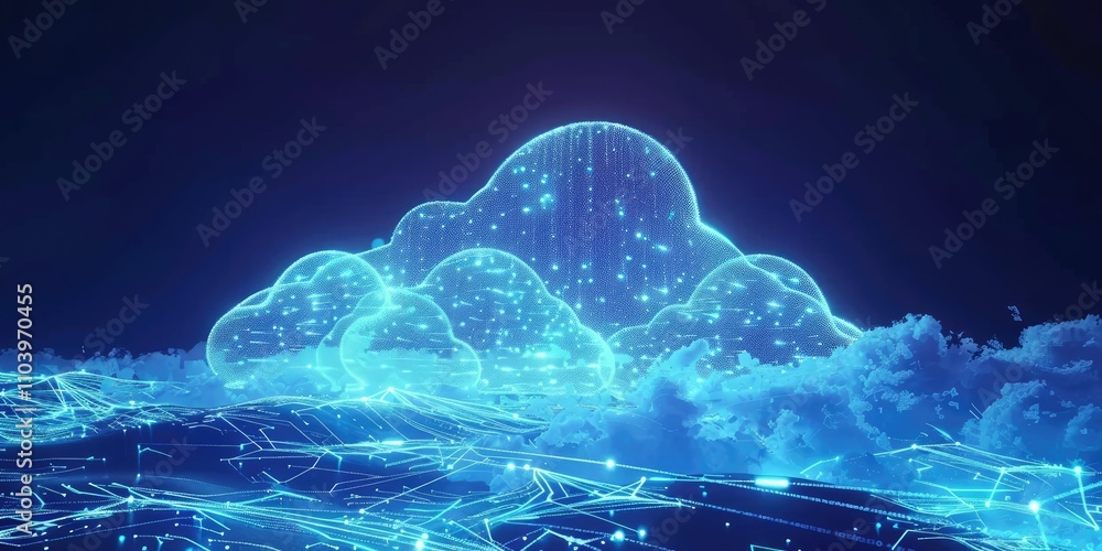 Poster a digital landscape featuring glowing clouds and flowing data streams.