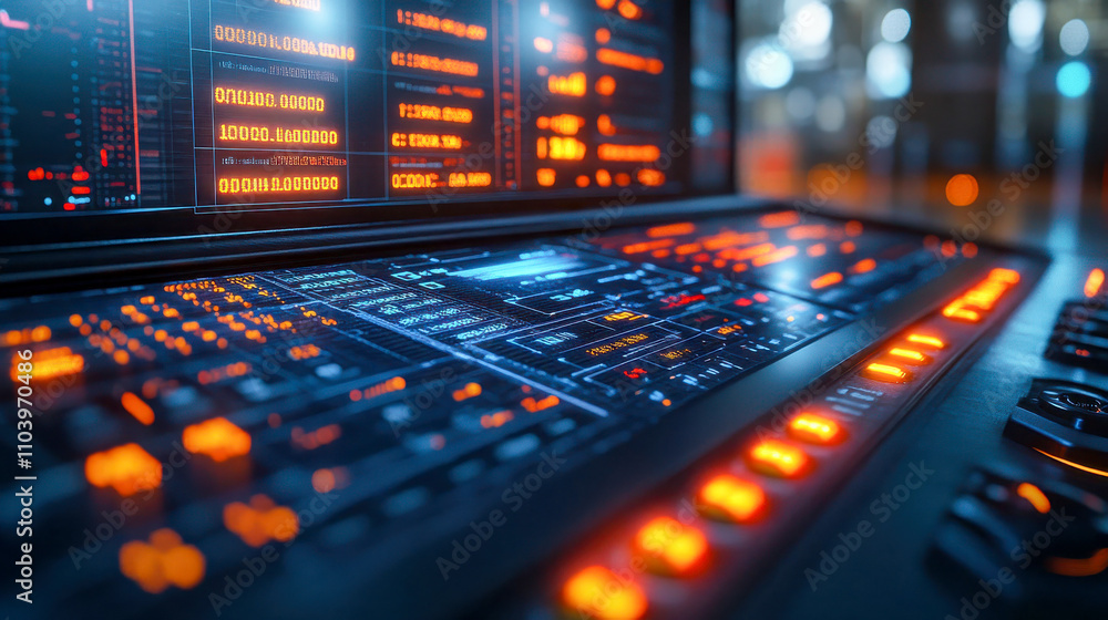 Poster a futuristic control panel with glowing screens and buttons, representing advanced technology and da