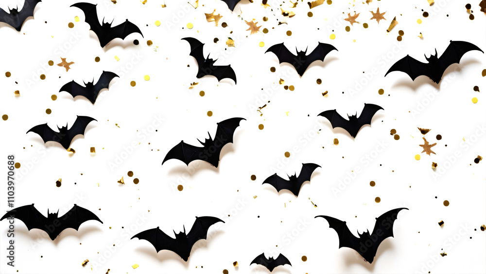 Poster a top view photograph of bats silhouettes against spiders and confetti on a plain white surface leav