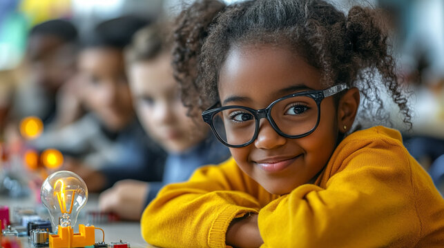kids learning coding and robotics in a modern classroom, surrounded by programmable robot, and digital tools. 
