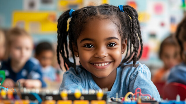 kids learning coding and robotics in a modern classroom, surrounded by programmable robot, and digital tools. 
