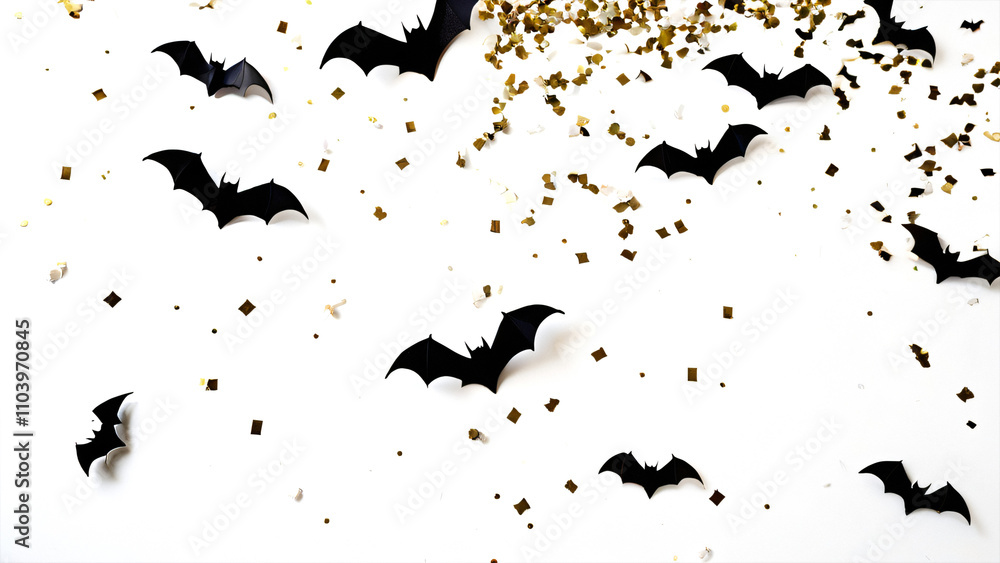 Poster a top view photograph of bats silhouettes against spiders and confetti on a plain white surface leav