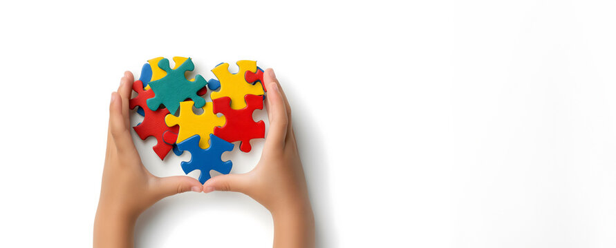 Child's hands forming a heart shape with colorful puzzle pieces, symbolizing autism awareness, love, connection, community,teamwork,support,developmental growth in education, therapy,mental health - Powered by Adobe
