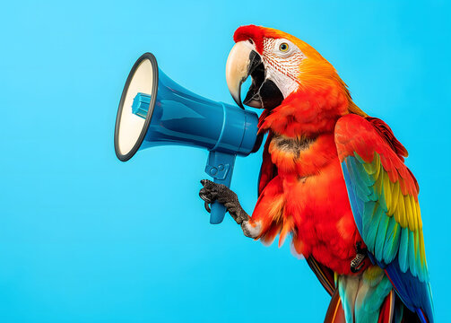 vibrant image of a colorful parrot holding a blue megaphone against a bright blue background, ideal for communication, marketing, and advertising concepts that require bold, attention-grabbing visuals