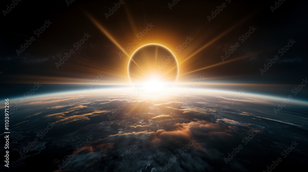 Canvas Prints impressive sun eclipse over earth globe image. mysterious black disk view from planet atmosphere pho
