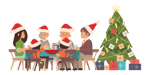 Happy family in Santa hats having Christmas dinner on isolated background. People sit at festive table vector illustration