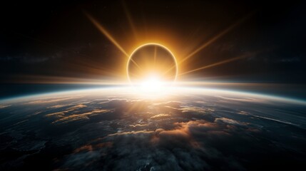 Impressive sun eclipse over earth globe image. Mysterious black disk view from planet atmosphere photography scene wallpaper. Universe landscape concept photorealistic photo