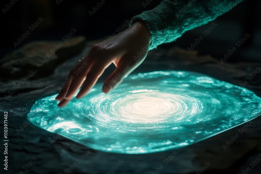 Poster a mysterious hand reaching out to an illuminated celestial portal surrounded by soft glowing light i