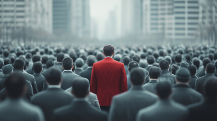 Fototapeta premium Man in Red Suit Standing Out in Busy City Square