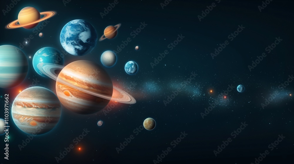 Fototapete solar system planets in outer space 3d rendering image. celestial bodies group in dark cosmos backgr