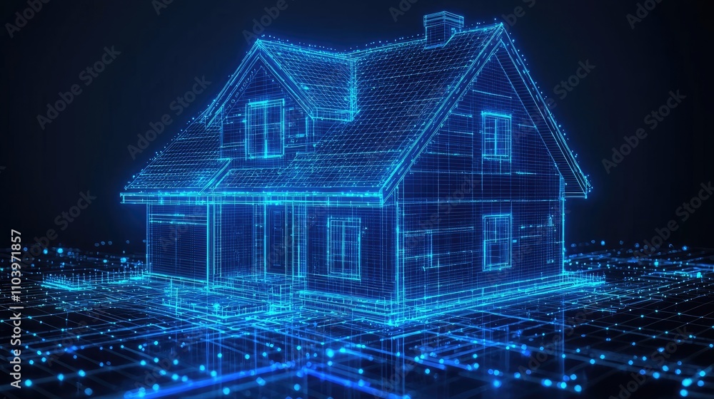 Poster 3d blueprint plan of smart home with icons iot devices. smart home conceptual banner. building house