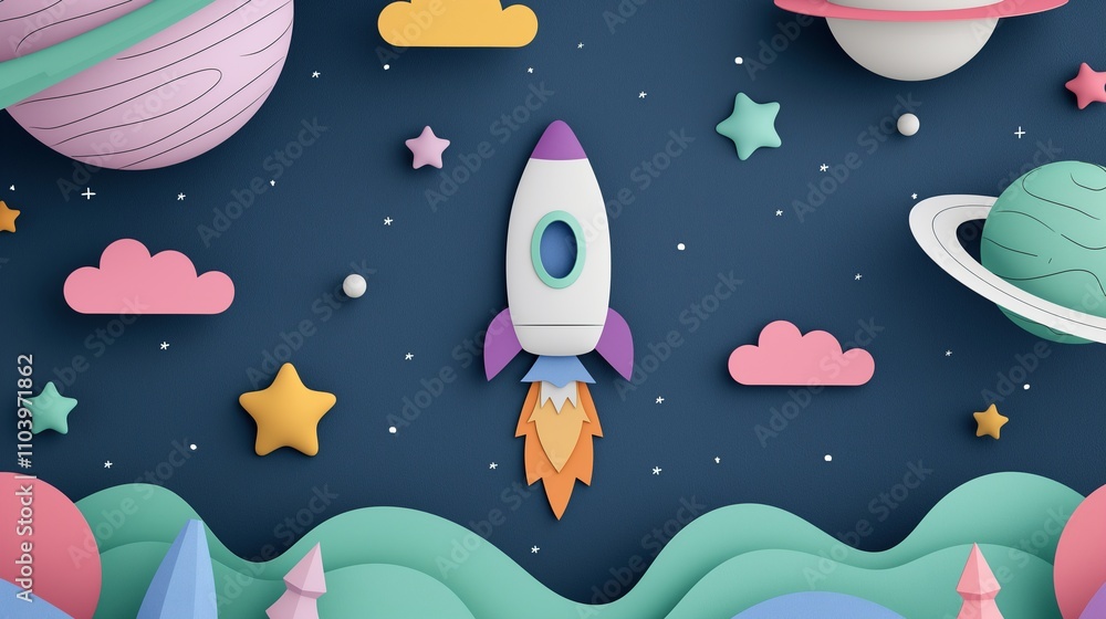 Poster rocket flying in night sky 3d rendering image. travelling in outer space by ship children compositio