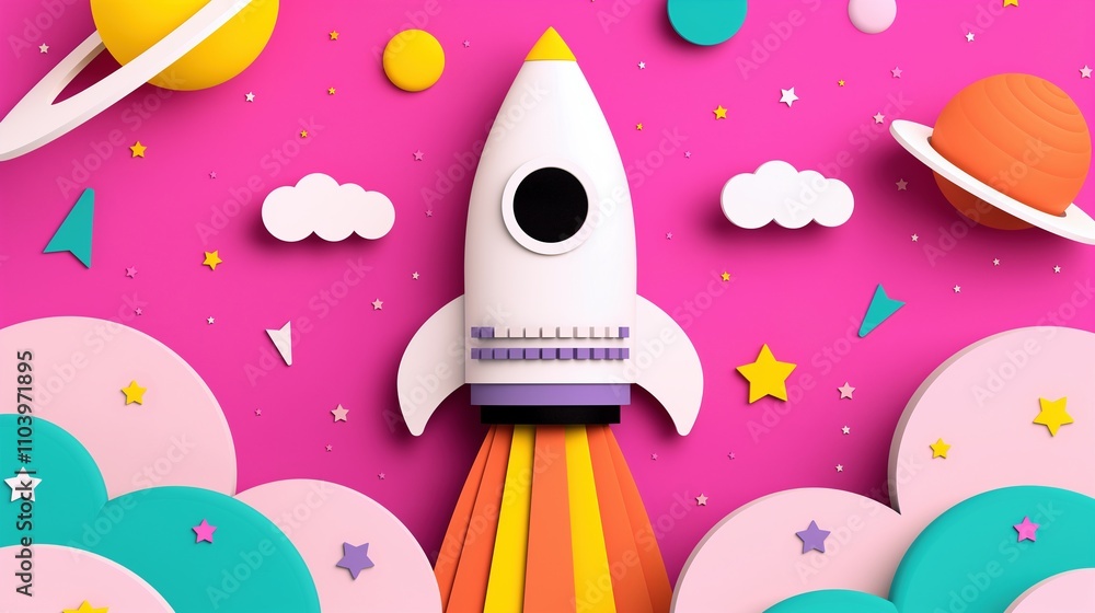 Poster cute space shuttle launching 3d rendering image. childish composition with shuttle and sky backgroun