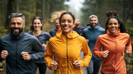Group of Multiracial Friends Running in Park - Fitness, Diversity, Friendship, Outdoors. Generative ai