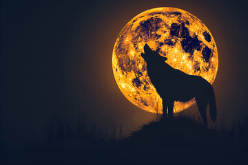 Captivating scene of a wolf standing proudly on a grassy hill silhouetted against a gigantic, glowing orange full moon, blades of grass, the primal energy of the wolf and celestial energy of the moon