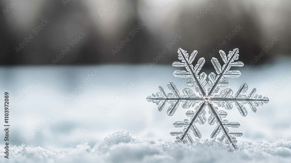 Poster a delicate snowflake rests on a snowy surface, showcasing intricate patterns against a blurred winte