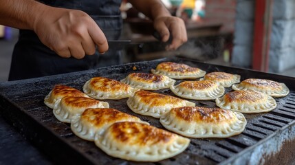 Golden Empanadas at Vibrant Street Food Market - Culinary Delight for a Festive Gathering. Generative ai
