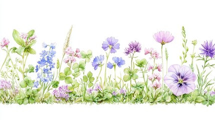 Wildflower and Herb Border, a vibrant watercolor illustration featuring buttercup, clover, bluebell, vetch, timothy grass, and lobelia against a clean white backdrop.