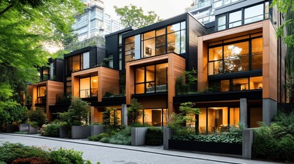 Naklejka premium Modern urban townhouses with large glass windows, surrounded by lush greenery and a paved walkway, showcasing contemporary architecture and residential design.