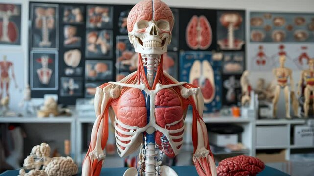Anatomical model showcasing human body systems for educational purposes.