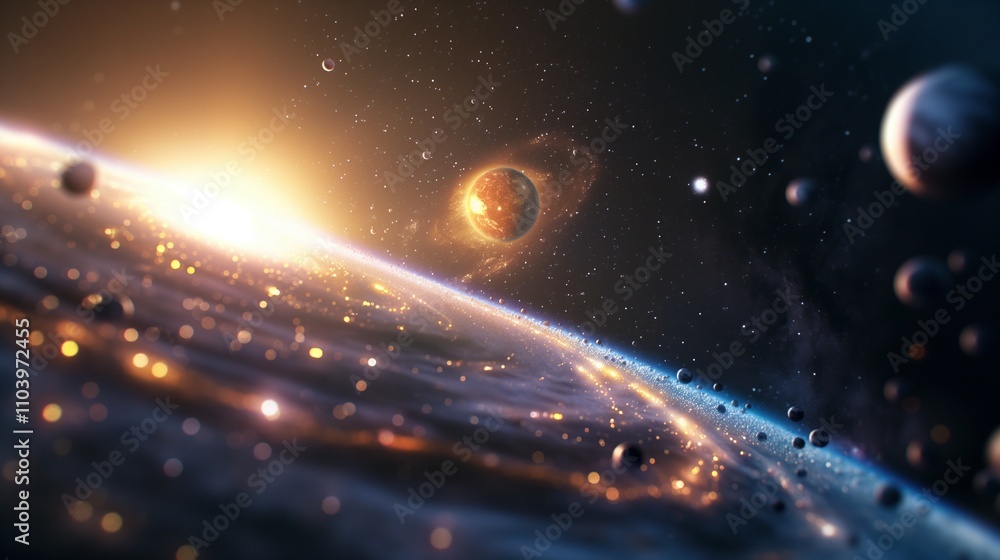Aufkleber galaxy with shiny core and planets cluster image. wonderful formation sparkling in universe photogra