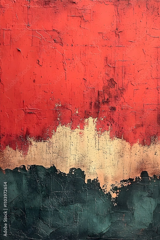 Poster an abstract artwork featuring bold red, textured layers at the top, transitioning into a muted gold 