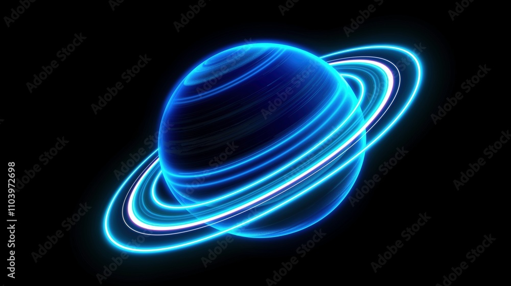 Poster ring planet with neon light contours 3d rendering image. abstract celestial body in darkness backgro