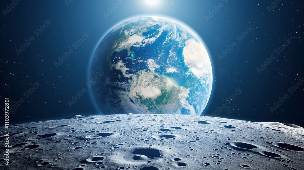 Poster illuminated earth globe view from moon image. lunar surface with craters against planet in dark spac
