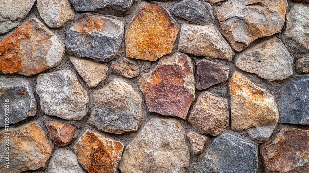 Poster natural stone wall texture displaying various shapes and colors from a rustic construction