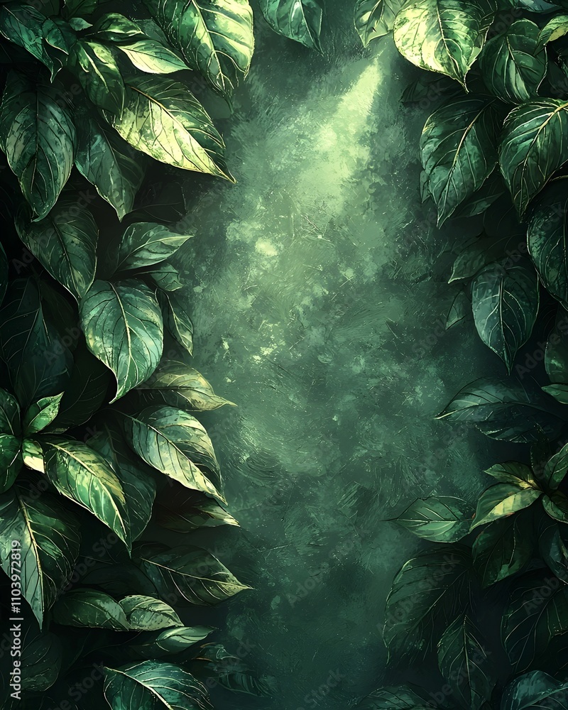 Poster a lush arrangement of green leaves framing a soft, illuminated path in the center, creating a serene
