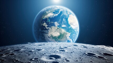 Obraz premium Illuminated earth globe view from moon image. Lunar surface with craters against planet in dark space photography scene wallpaper. Solar system exploration concept photorealistic photo