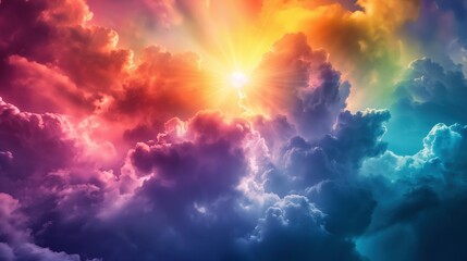 Fototapeta premium Clouds colored rainbow tones in paradise image. Majestic heaven landscape with sunlight photography scene wallpaper. Beautiful colorful cloudy sky concept photorealistic photo