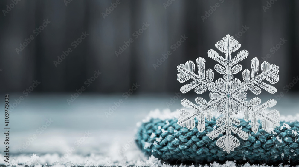 Poster a delicate snowflake rests on a textured surface, surrounded by frost, creating a serene winter scen