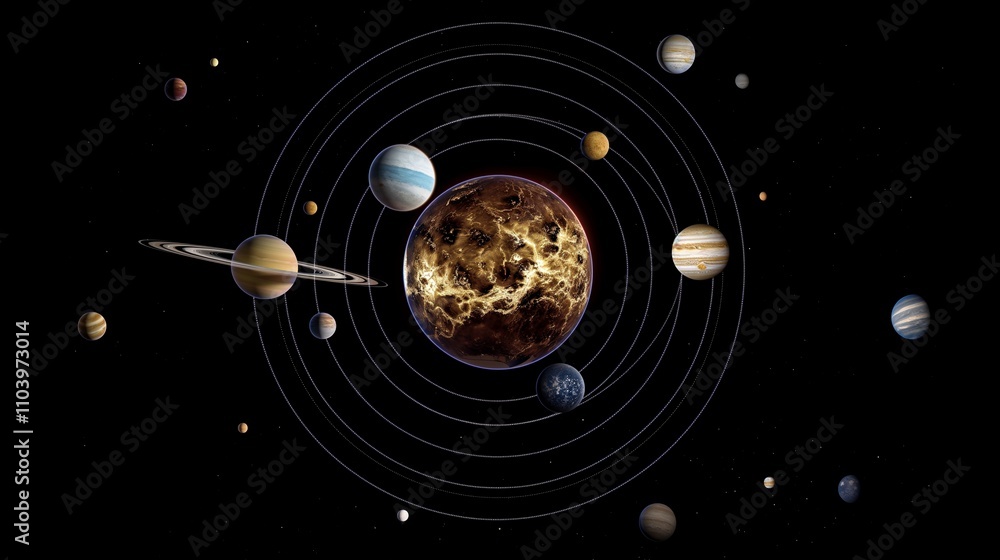 Aufkleber outer space solar system in deep darkness 3d rendering image. bright star with planets on orbits in 