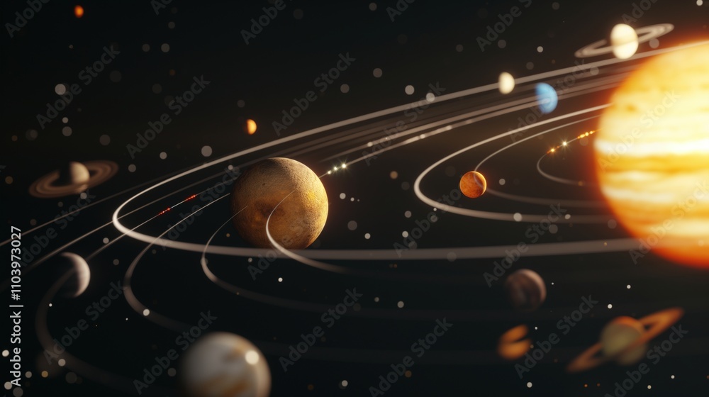 Poster spheres on orbits placed around flaring sun 3d rendering image. cosmic structure in dark sky backgro