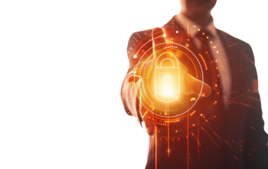 A Businessman Engaged with High-Tech Digital Lock Hologram Isolated on Transparent Background PNG.