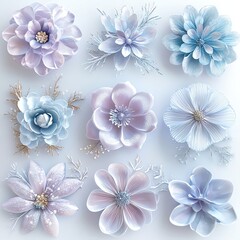 Obraz premium Collection set 3D pastel winter florals with frosted petals and glittering ice accents
