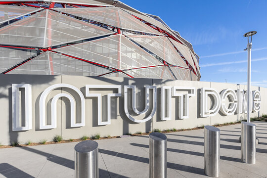 Inglewood, CA, USA - November 14, 2024: The Intuit Dome is an indoor arena hosting sports, concerts, and events. The stadium opened in 2024 and home to the Los Angeles Clippers.
