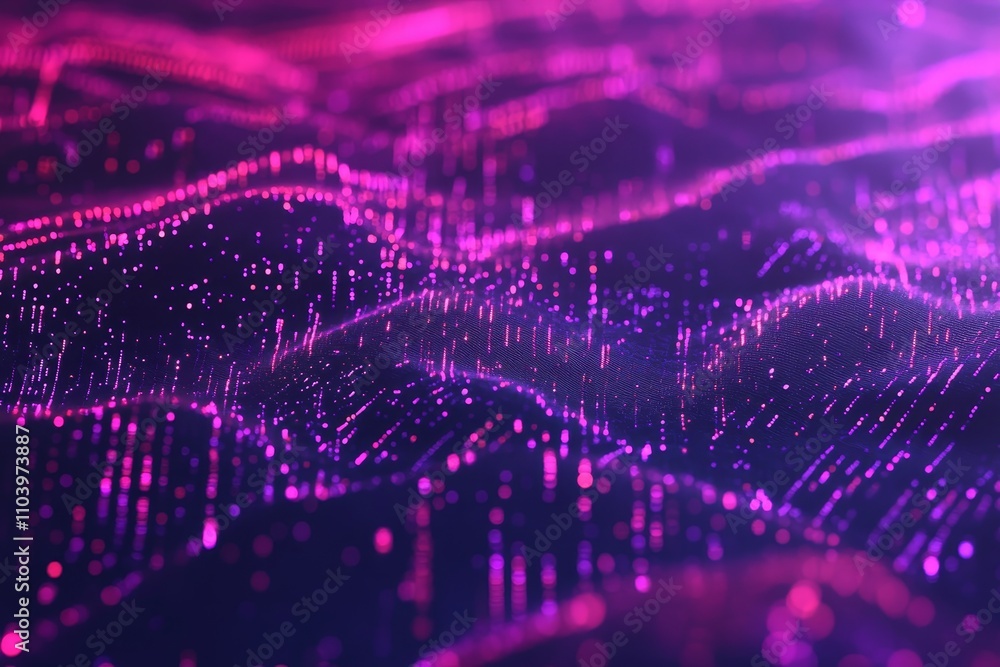 Poster abstract digital background with glowing pink and purple waves, representing data patterns and conne
