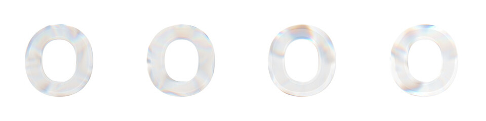 Set of 4 3d letter O with glass distortion effect isolated on a transparent background. 3d transparent elements for graphic design.