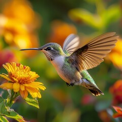 Fototapeta premium hummingbird hovers bright flower exhibiting its stunning feathers and rapid wing motion lush garden filled vibrant colors daylight.
