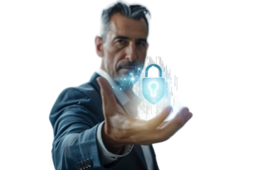 A Corporate Professional Holding a Digital Security Hologram Isolated on Transparent Background PNG.
