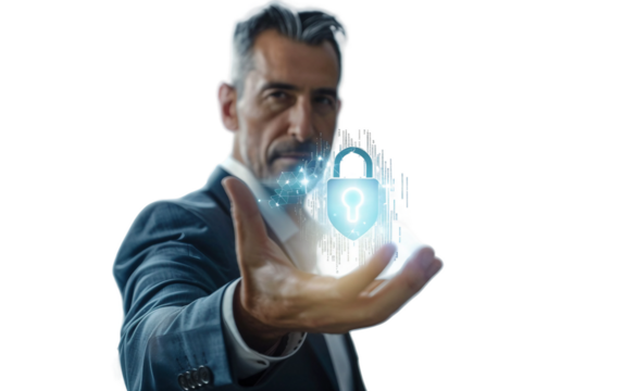 A Corporate Professional Holding a Digital Security Hologram Isolated on Transparent Background PNG.