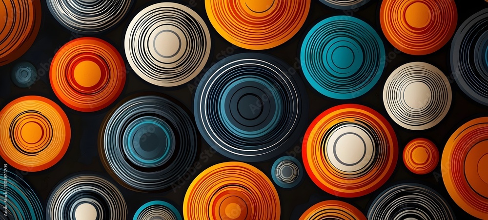 Poster a vibrant abstract pattern featuring concentric circles in various shades of orange, teal, and cream