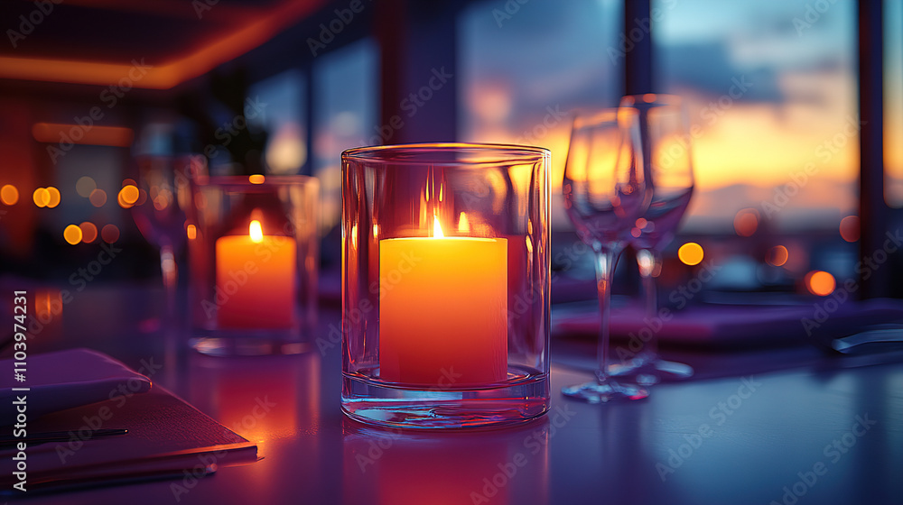 Poster Warm ambiance of candlelight dinner with sunset view and elegant table setting in the background. Generative AI