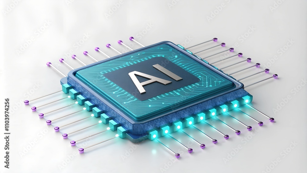 Poster futuristic digital representation of an ai microchip with glowing elements on a sleek, modern backgr