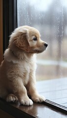 Fluffy golden retriever puppy gazes out the window, longing for his owner on a rainy day