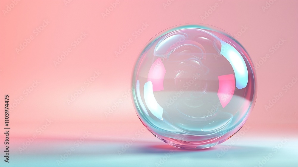 Poster single transparent bubble with soft pink blue reflections 3d rendering image. gentle shine, transluc