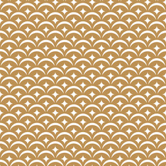 Gold and white seamless pattern of gold waves and stars. Asian traditional geometric texture. Luxury design for textile, clothing, fabric decor, wallpaper